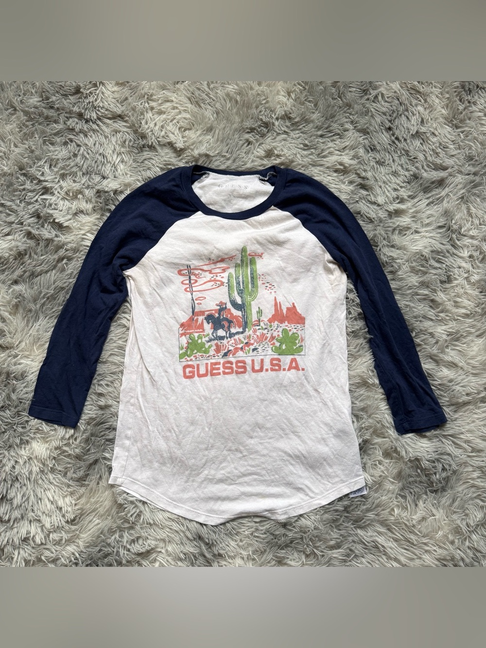 Guess Western Logo Raglan 3/4 Sleeve Cotton T Shirt White Navy Desert XS